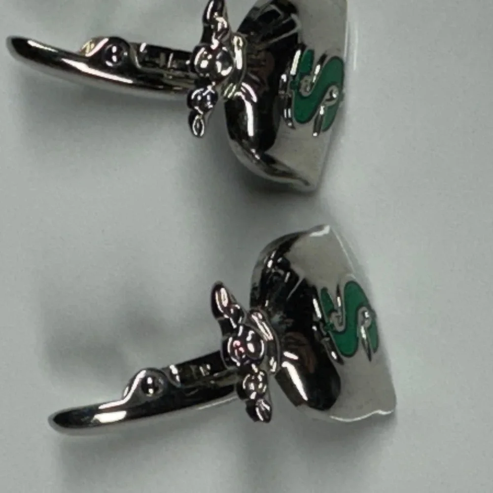 Roundtree & Yorke Silver Money Bag Cufflinks Green Dollar Sign‎